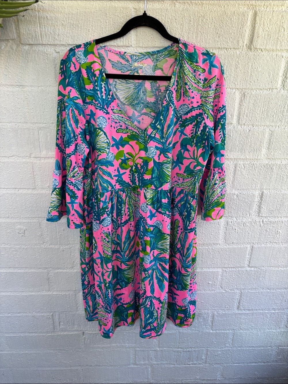 Lilly Pulitzer Janine V neck Mandevilla Baby Hip Nautic Pink Tropical Dress L